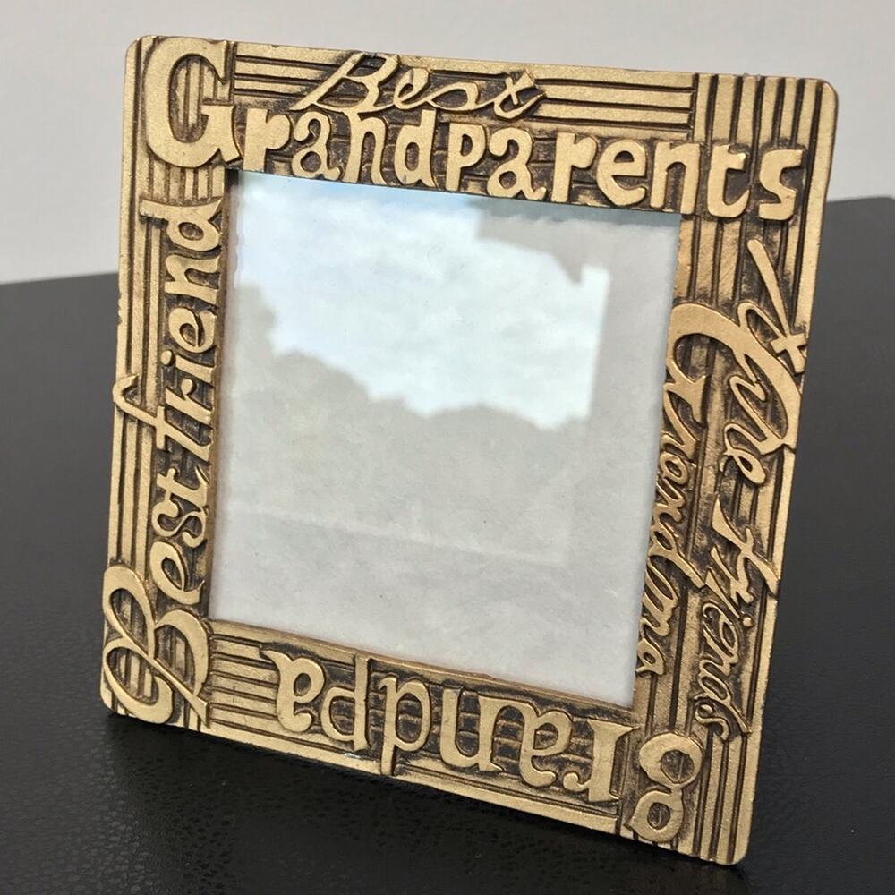 Grandparents Grandchildren Gold Brass Metal Photo Picture Frame 3.5"x 3.5" VTG